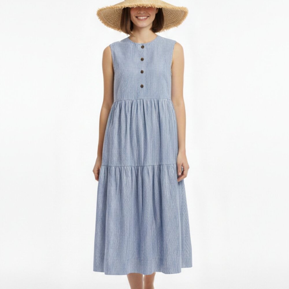 Everlane Blue & White Striped Tiered Midi Dress M